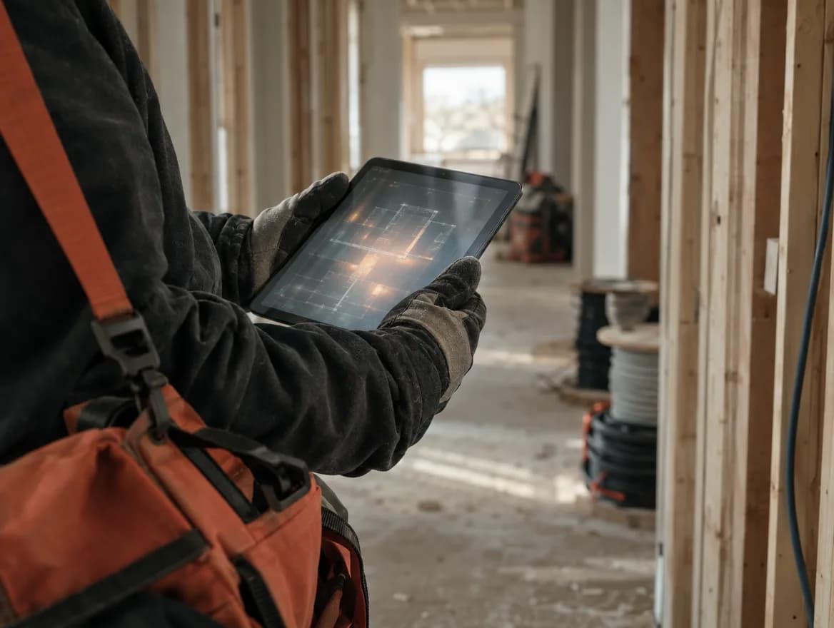 Gloved hands holding a tablet in a framed hallway of a house under construction.