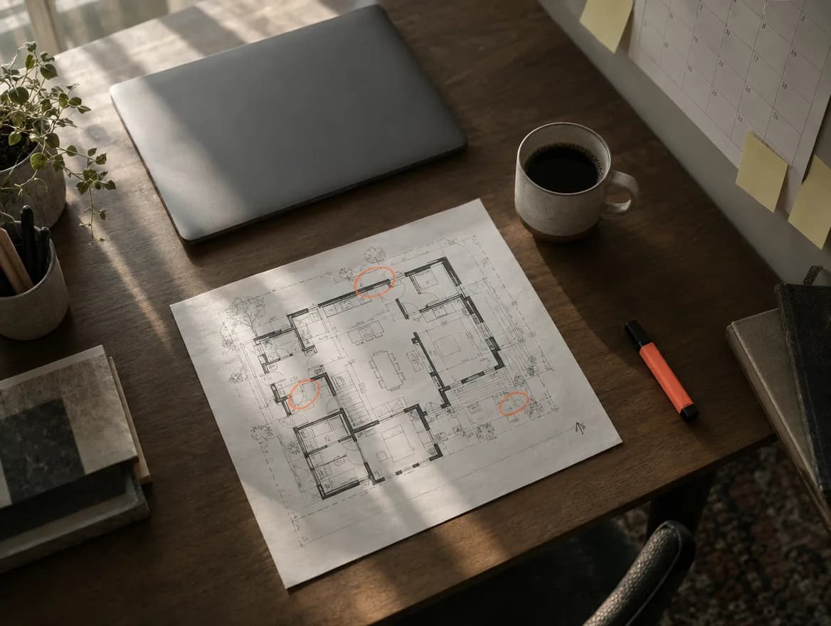 A floor plan with orange marker circles on an office desk.