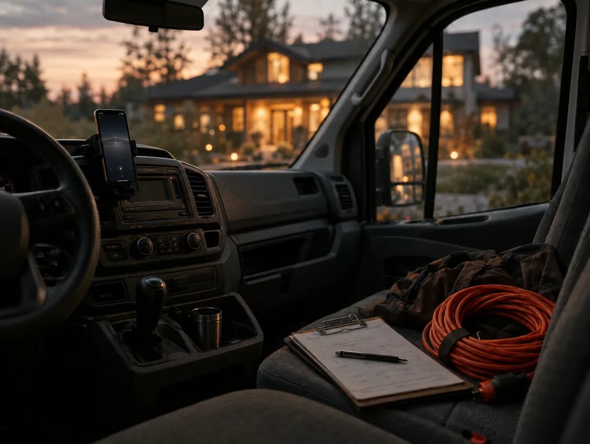 A work van dashboard at dusk with a phone mounted and a clipboard on the seat.