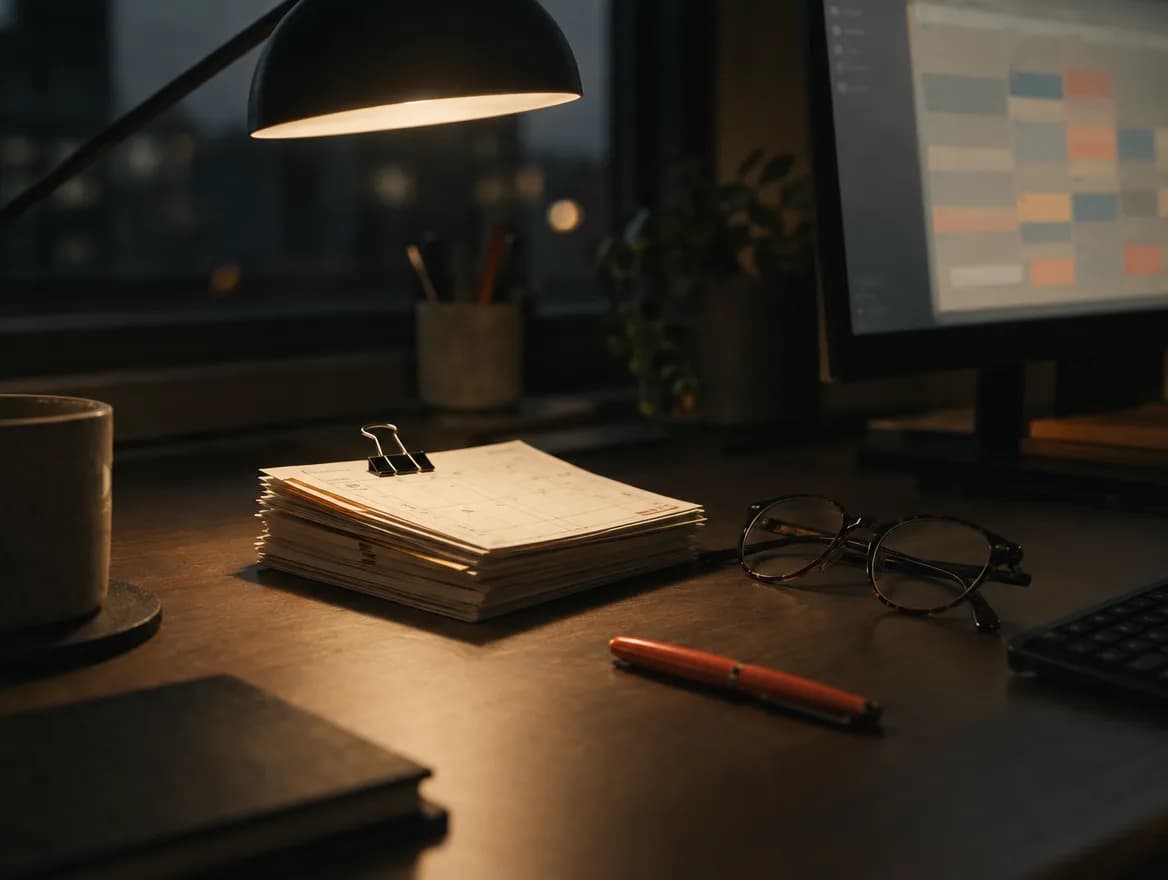 A desk lamp over a clipped stack of paper day tickets beside a monitor showing a calendar.